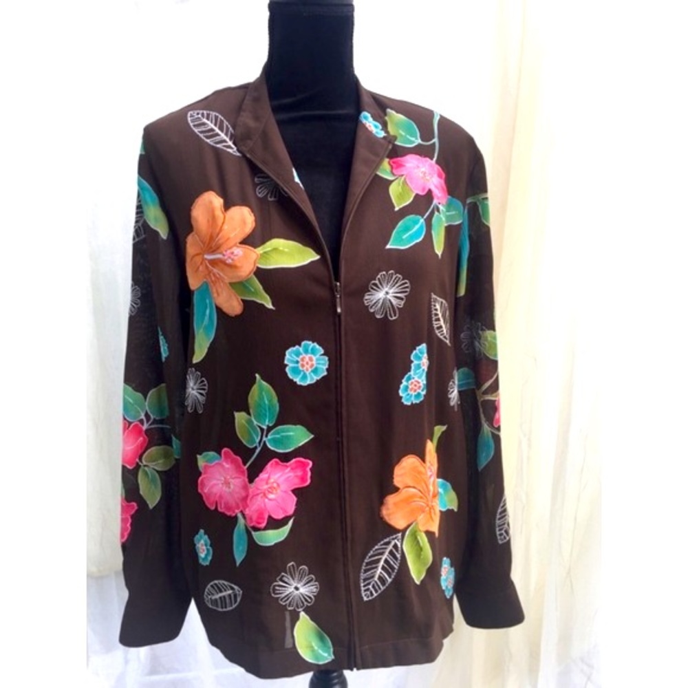 Vintage Alfred Dunner Brown Floral Embroidered zipper front jacket
